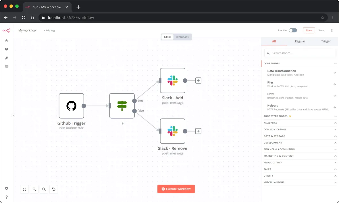 Captura de pantalla del editor n8n mostrando un workflow de automatización empresarial con múltiples integraciones