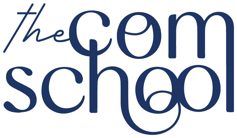 Logotipo azul de The Com School